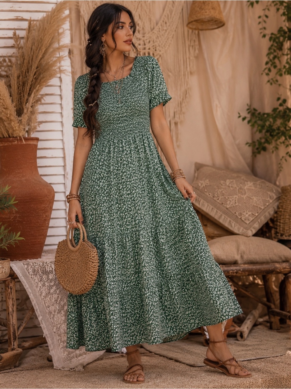 🌿 Zattcas Boho Floral Smocked Maxi Dress | Size Medium
